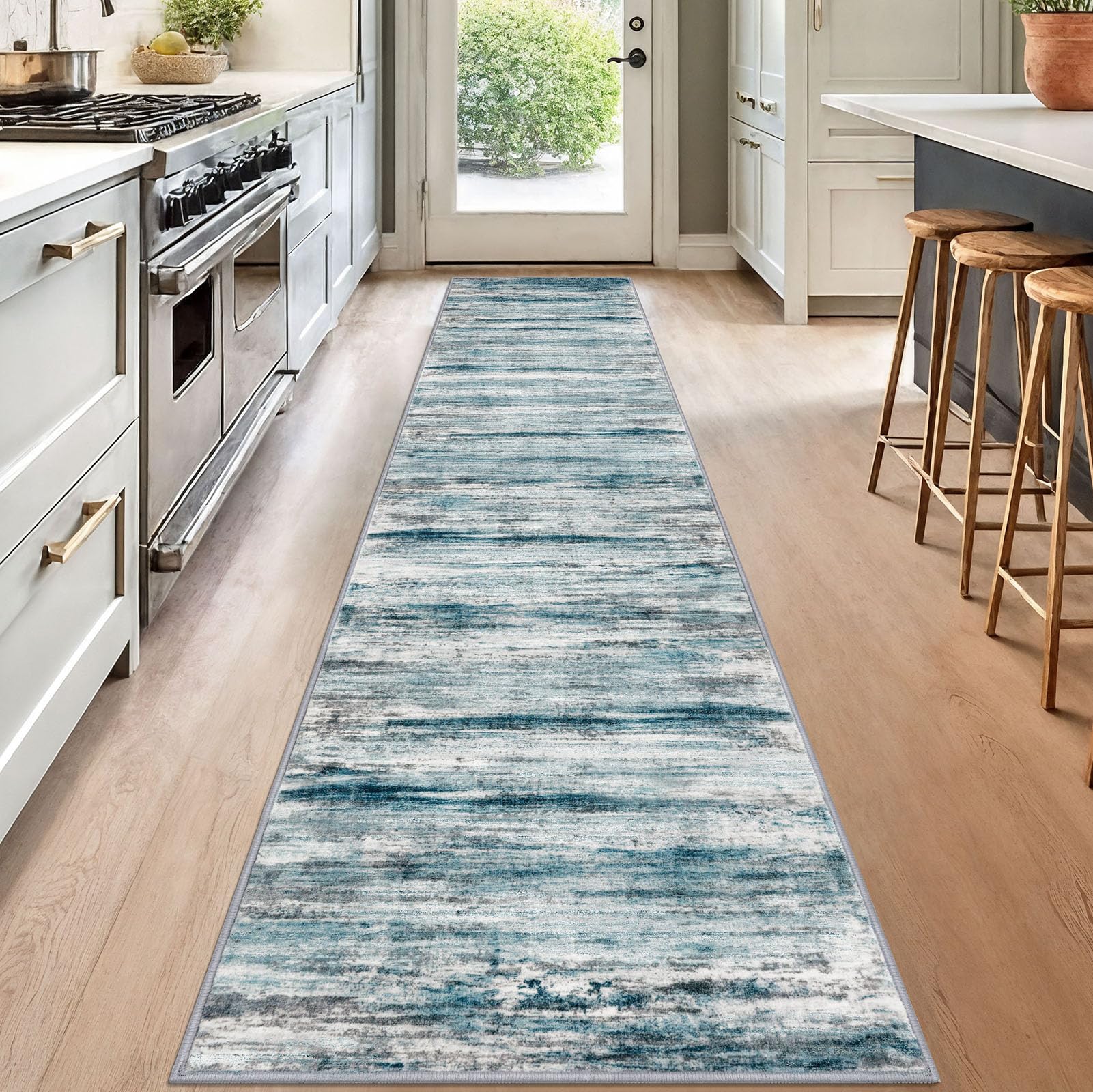 KOZYFLY Modern Abstract Hallway Runner, 2x12 Washable Rug Runner Non-Slip Soft Striped Kitchen Runner Rug, Light Blue Print Carpet for Entryway Bathroom Laundry Room Foyer