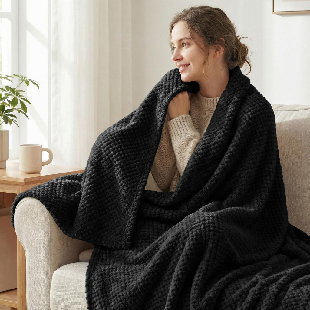 Exclusivo Mezcla Soft Waffle Fleece Bed Blanket Queen Size, Black