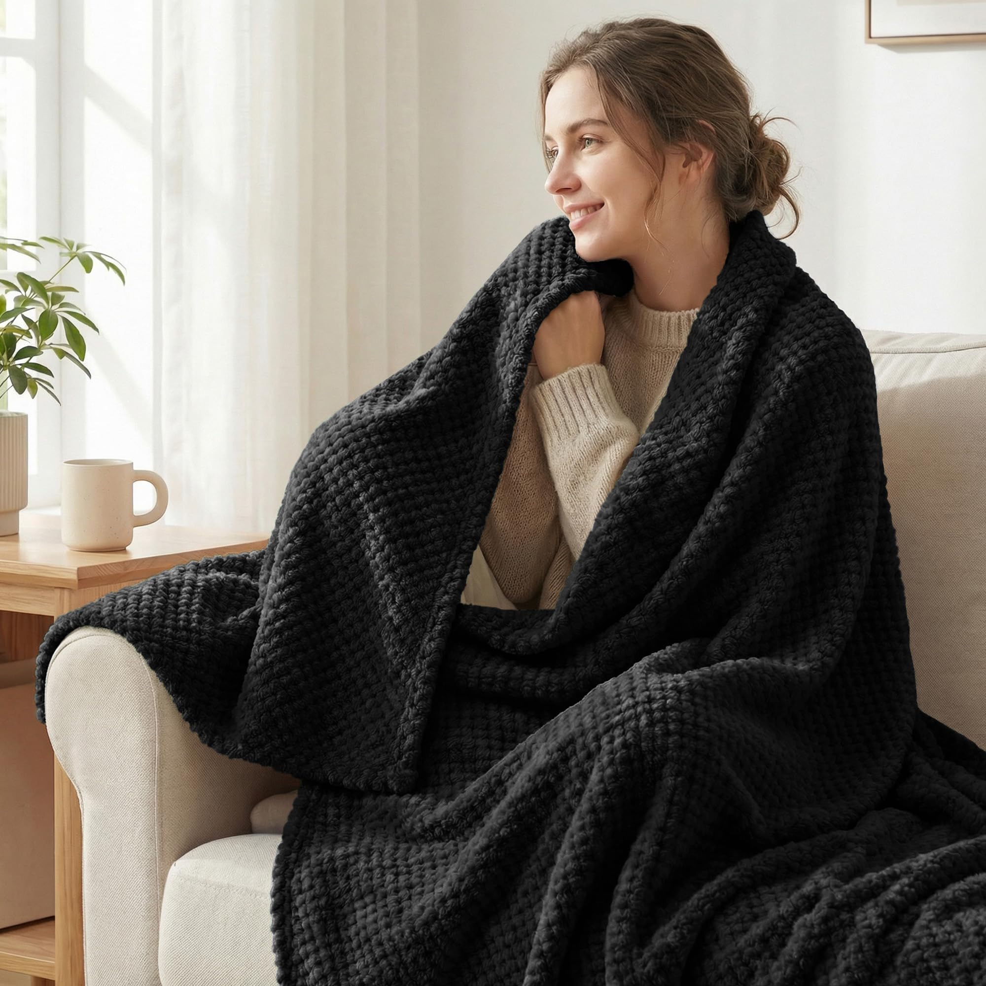 Exclusivo Mezcla Soft Waffle Fleece Bed Blanket Queen Size, Black