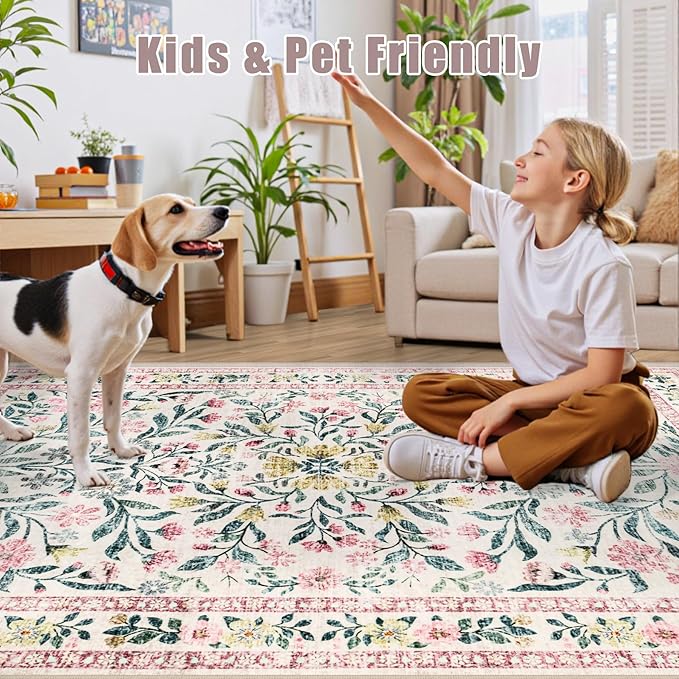PLHXFR Area Rug Living Room: 5x7 Floral Washable Boho Carpet Pink Green
