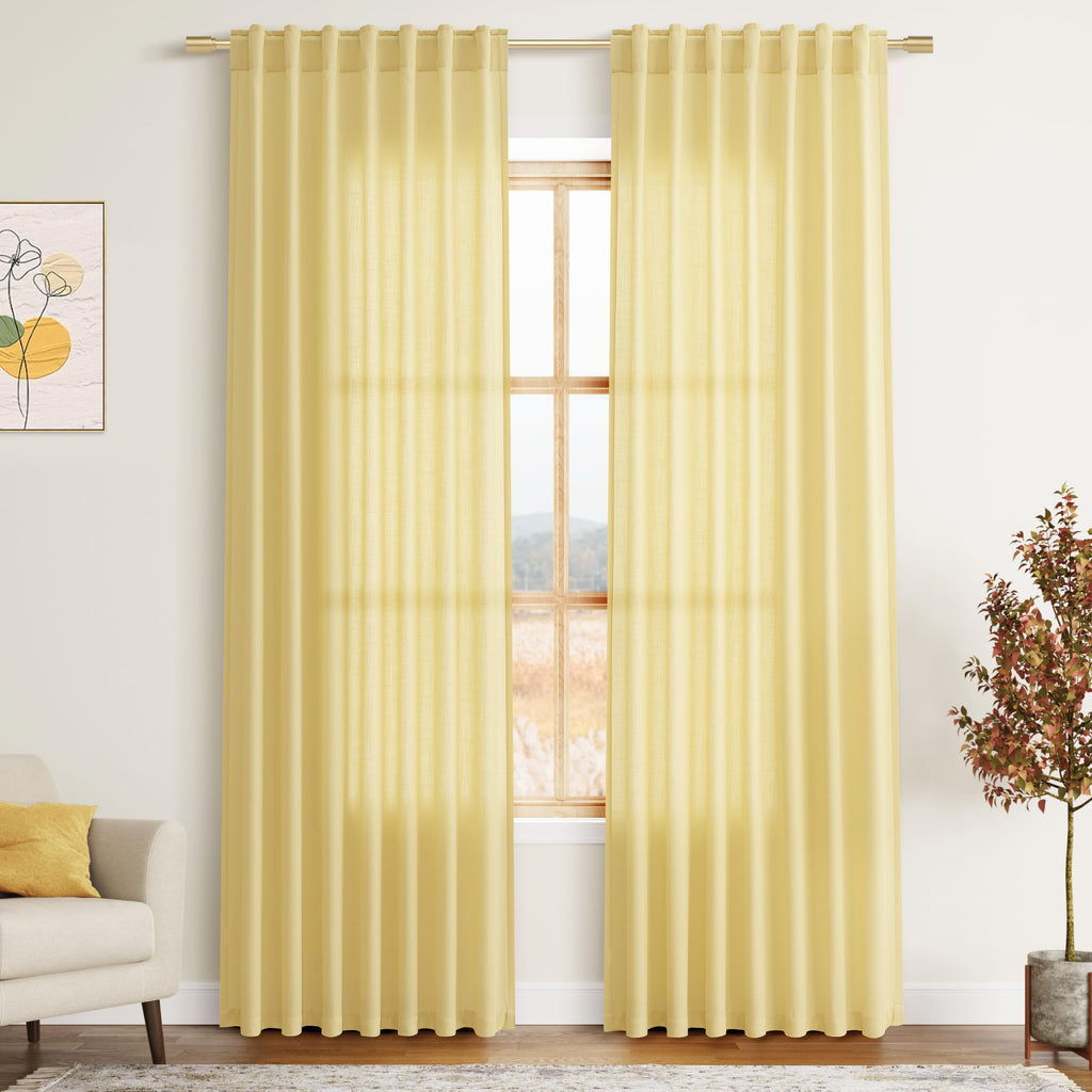 Yellow Linen Blend Drapes 84 Inch Length 2 Panels Set Back Tab Rod Pocket Light Filtering Privacy Semi Sheer Textured Curtain Neutral Farmhouse Decor for Living Room Bedroom Curtains 52x84