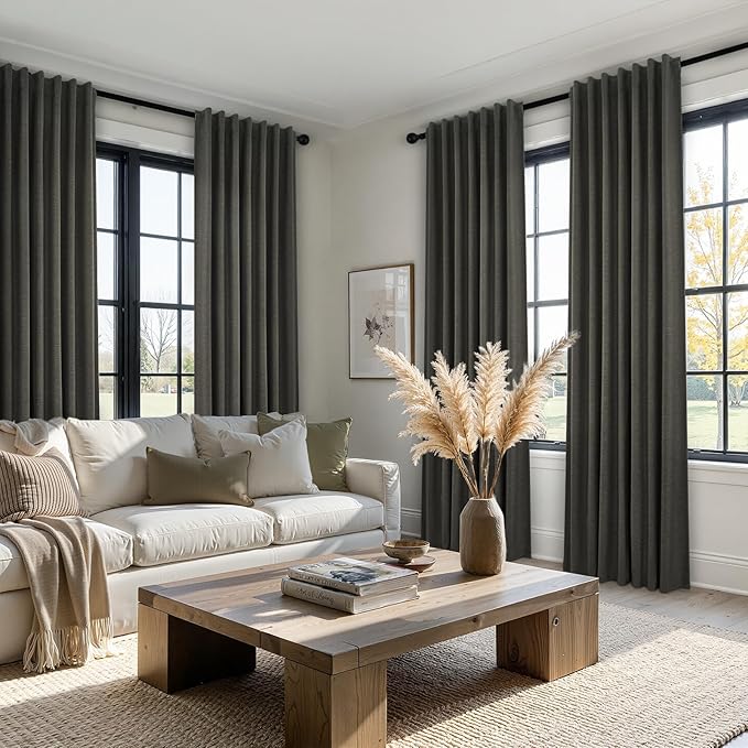 Topfinel 108 Inch Curtains 2 Panels Set Charcoal Grey Curtains 108 Inches Long for Livingroom Back Tab Hooks Pleated Blackout Tweed Linen Look Blacked Out Curtain for Bedroom,Dark Gray