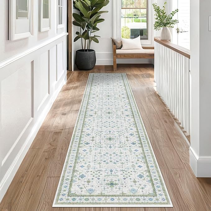 Hazo Haus Washable Oushak 2x8 Bathroom Runner Rug - Vintage Turkish Floral 8ft Long Low Pile Non Slip Runners for Kitchen, Hallway - Cream Blue and Green