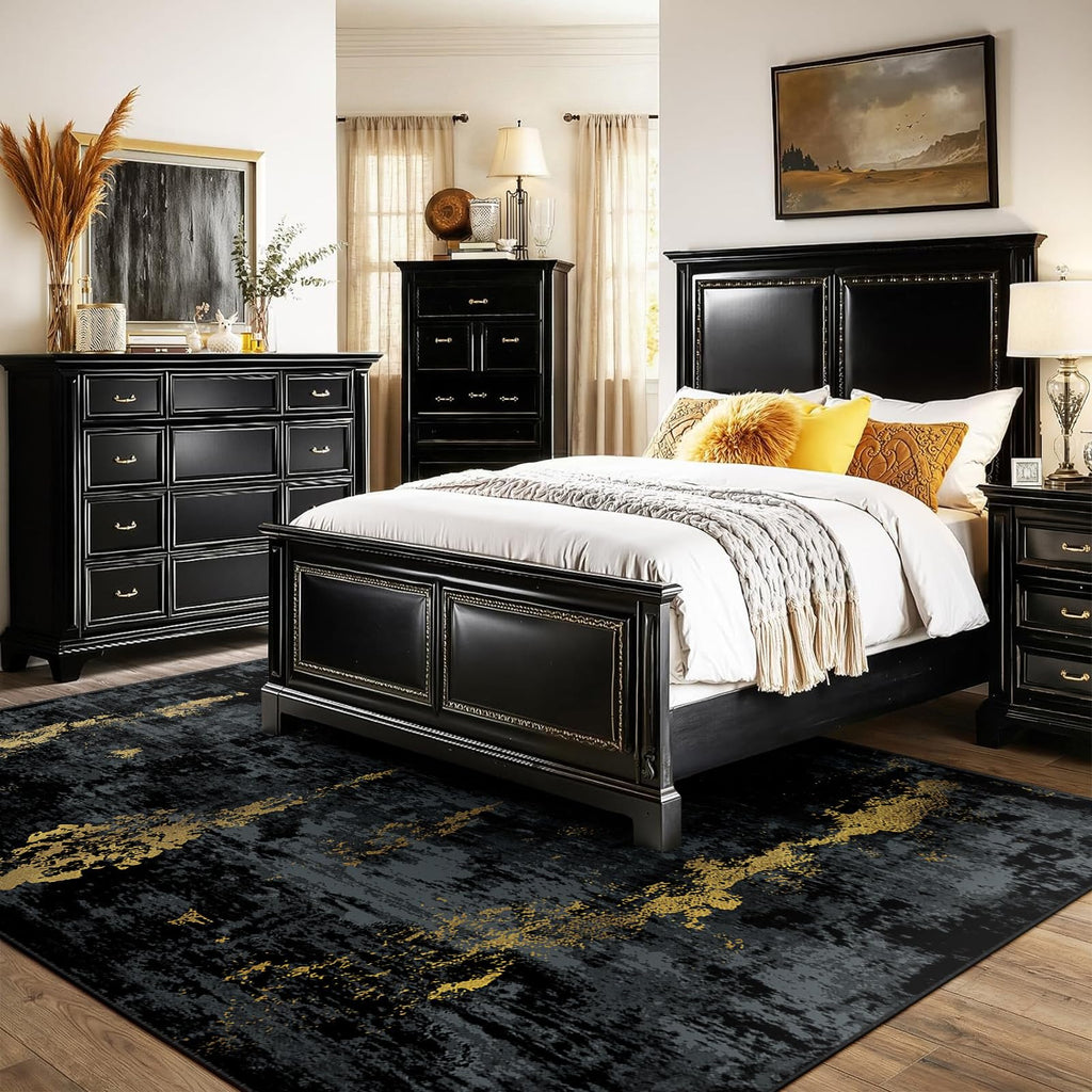 RELEANY Washable 6'x9' Abstract Area Rug for Living Room Black Gold