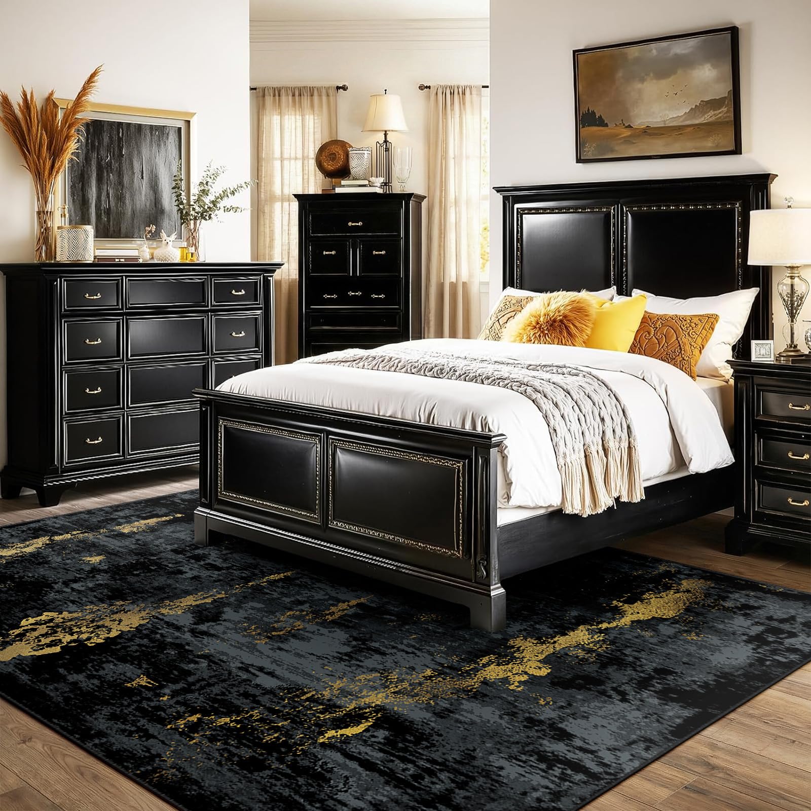 RELEANY Washable 6'x9' Abstract Area Rug for Living Room Black Gold