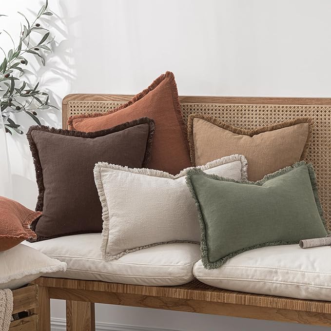 MIULEE Linen Fringe Decorative Fall Throw Pillow Covers Dark Brown 20x20