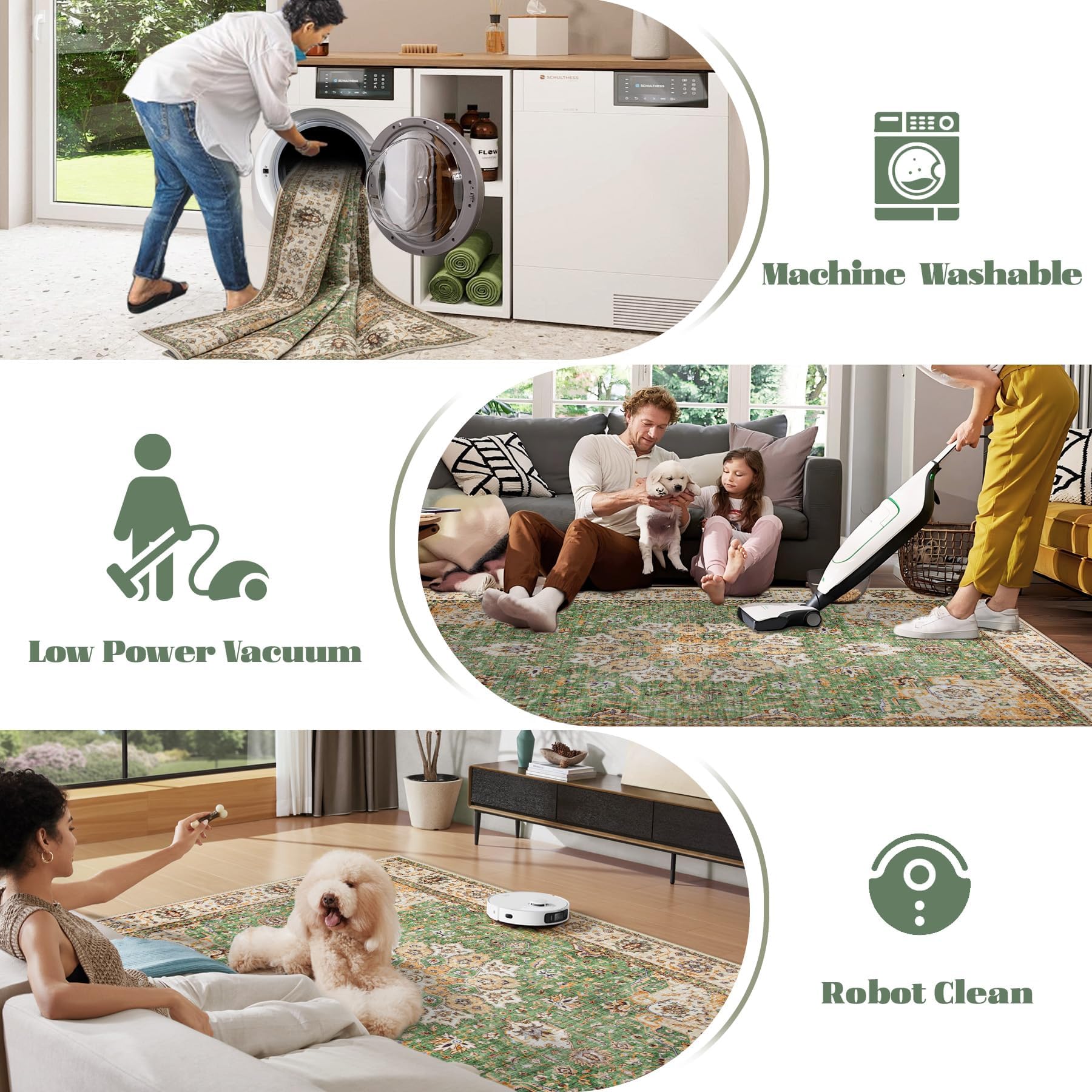 VECARF Area Rug 9x12 Washable Rug, Vintage Boho Medallion Rugs Non-Slip Soft Low Pile Large Distressed Rug Indoor Retro Carpet for Living Room Bedroom Dining Room Home Office (Vintage Green, 9'x12')