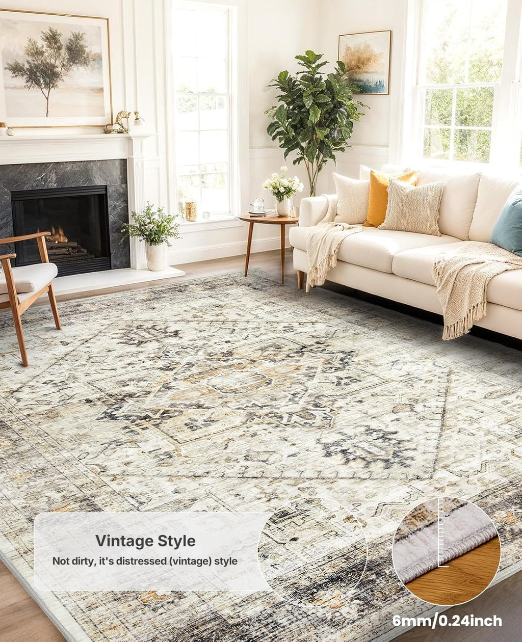 AMADA HOMEFURNISHING Washable Area Rug, Low-Profile Large Area Rug with Non-Slip Backing & Durable Edge Binding, Vintage Large Rugs for Living Room, Bedroom, Dinning Room, 8x10, Grey/Beige