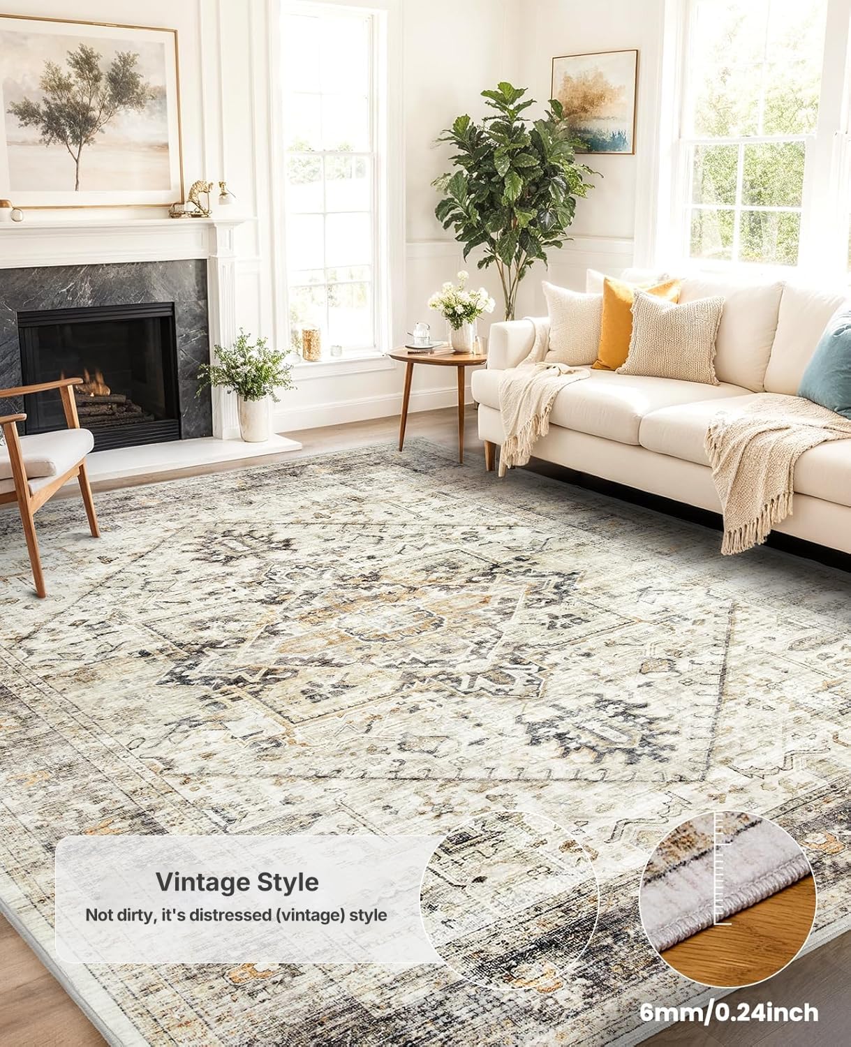 AMADA HOMEFURNISHING Washable Area Rug, Low-Profile Large Area Rug with Non-Slip Backing & Durable Edge Binding, Vintage Large Rugs for Living Room, Bedroom, Dinning Room, 8x10, Grey/Beige