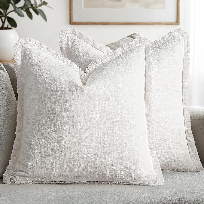 MIULEE Decorative Throw Pillow Covers Neutral Linen Fringe Throw Pillows Set of 2 White Boho Farmhouse Cushion Covers with Tassels for Couch Sofa Bed Living Room Spring Home Decor 20x20 Inch