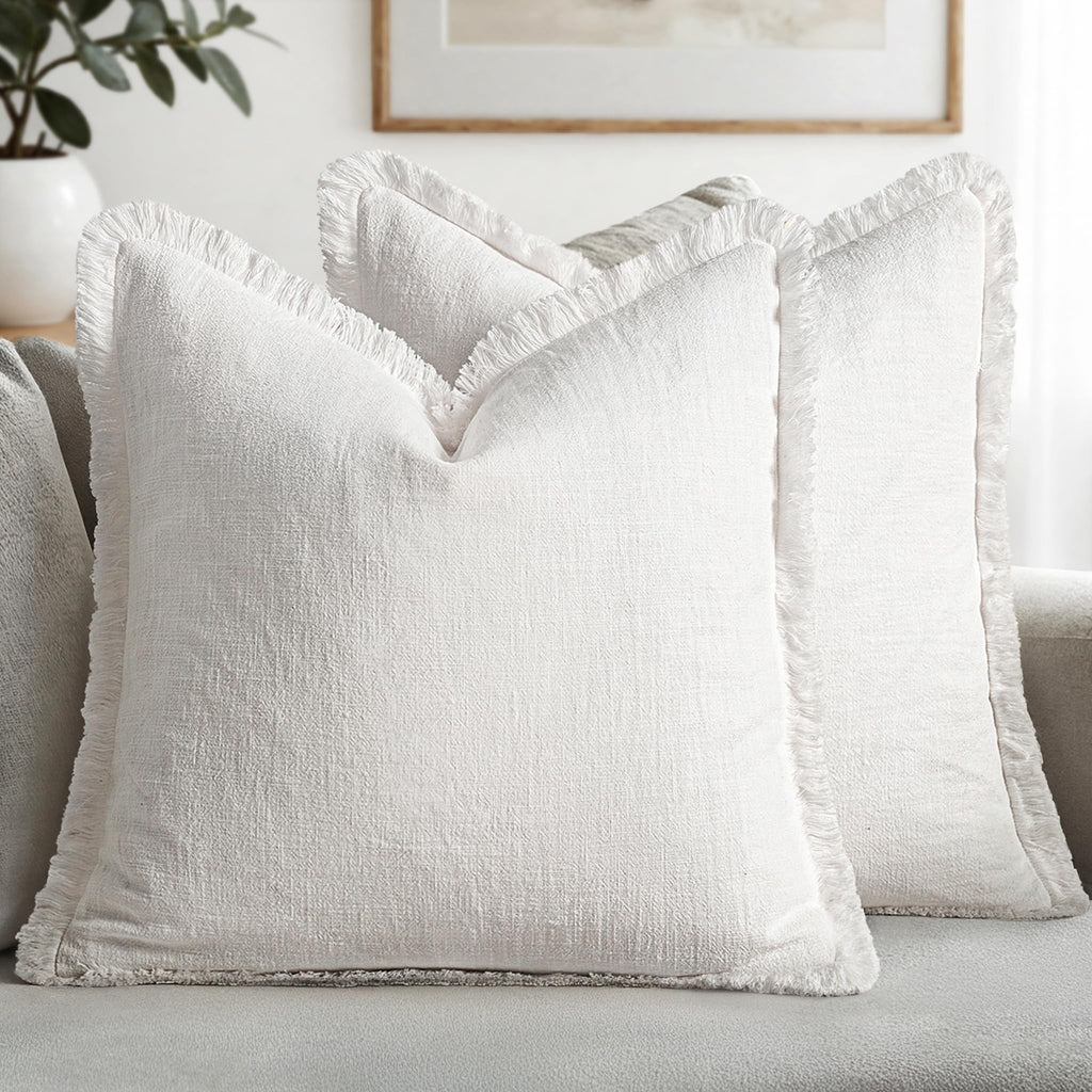 MIULEE Boho Linen Fringe Decorative Throw Pillow Covers White 20x20