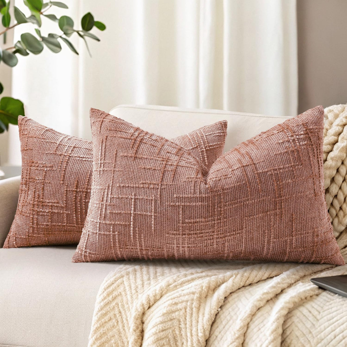 decorUhome Textured Chenille Throw Pillow Covers 20x20 Set of 2 Pink