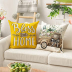 AVOIN colorlife Bless Our Home Farmhouse Eucalyptus Leaves Throw Pillow Covers, 20 x 20 Inch Yellow Truck Home Sweet Cushion Case Decorations Set of 4
