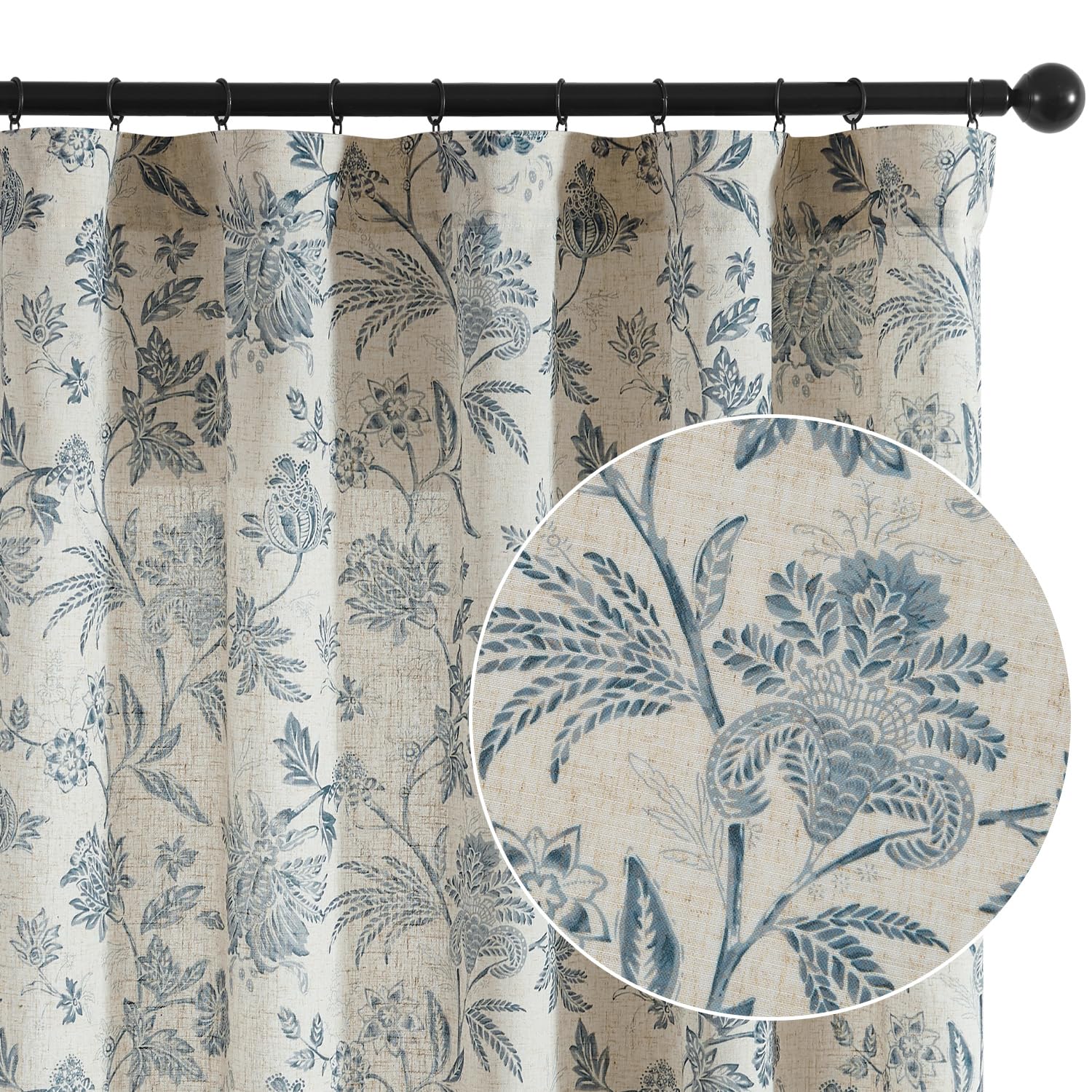 jinchan Linen Floral Curtains for Living Room with Printed Flower 90 Inches Long Light Filtering French Country Back Tab Rod Pocket Blue Window Curtain Set Farmhouse Drapes 2 Panels Blue