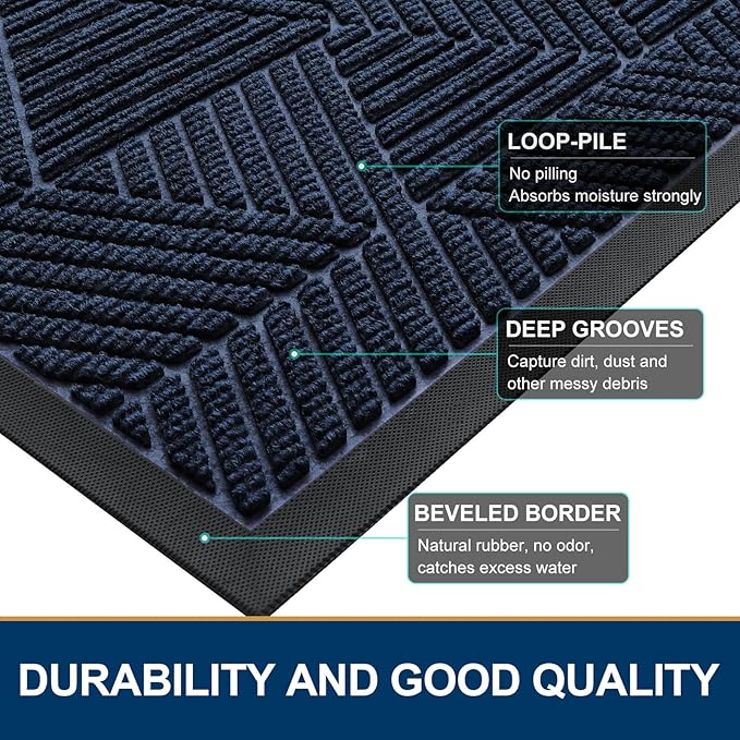 Smiry Front Door Mat Outside Entrance, Heavy Duty Sturdy Natural Rubber Doormat, Trap Dirt and Moisture, Easy Clean Low Profile Welcome Floor Mats for Indoor Outdoor Entry, 35X23 Inch, Navy Blue
