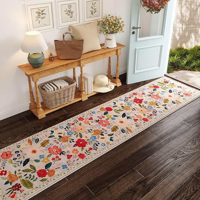 Rugcomf Washable Kitchen Runner 2'7"x12' - Floral Long Hallway Runner Rug Non Slip, Boho Carpet for Entryway, Hall, Bathroom - Beige