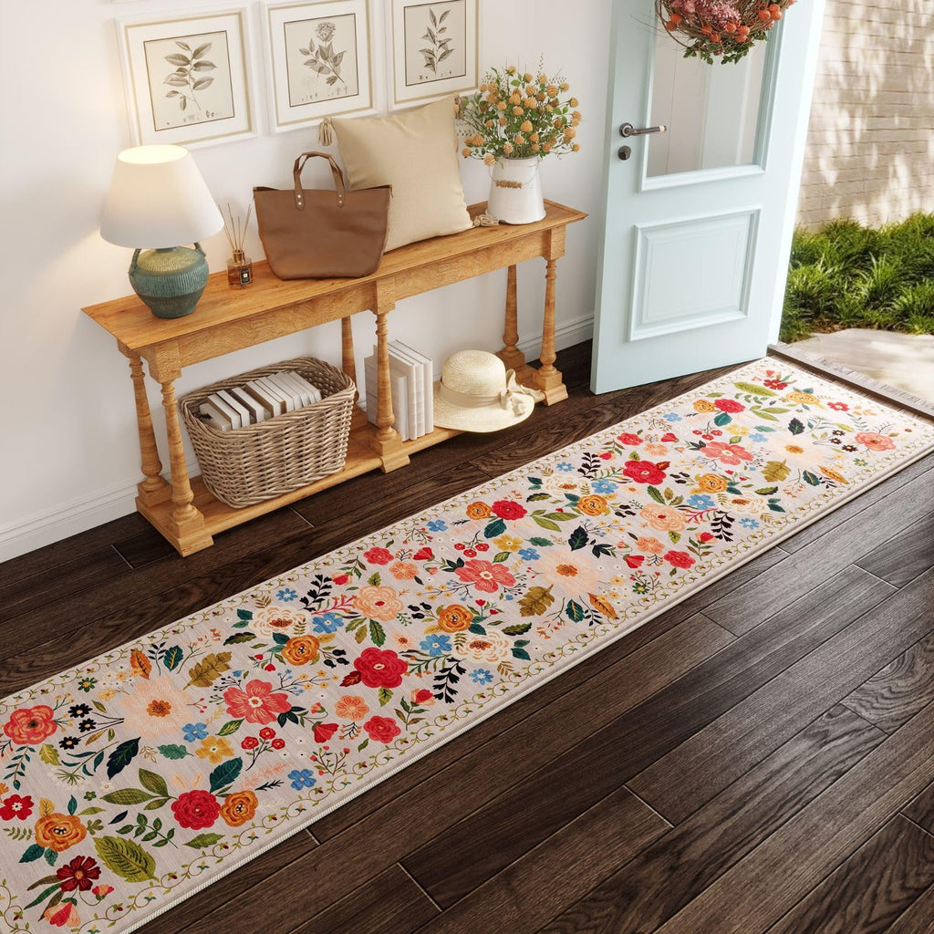 Rugcomf Washable Kitchen Runner 2'7"x12' - Floral Long Hallway Runner Rug Non Slip, Boho Carpet for Entryway, Hall, Bathroom - Beige