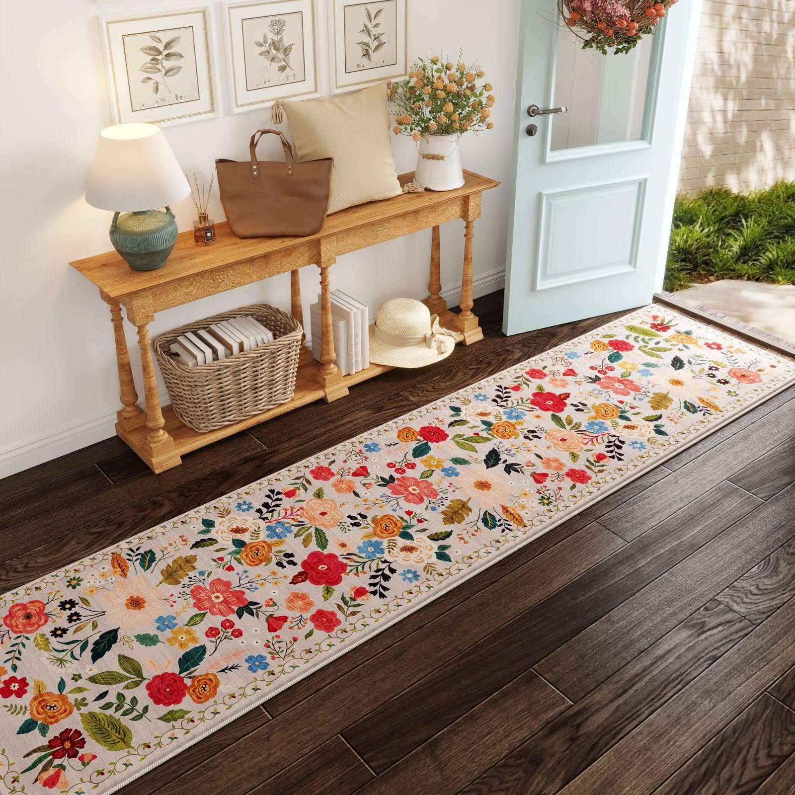 Rugcomf Washable Kitchen Runner 2'7"x12' - Floral Long Hallway Runner Rug Non Slip, Boho Carpet for Entryway, Hall, Bathroom - Beige