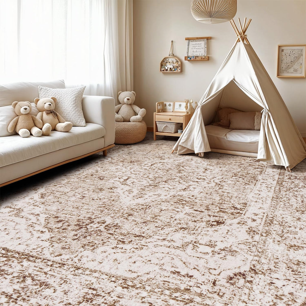 Lofus 5x7 Area Rugs for Living Room, Washable Area Rug, Rugs for Bedroom, Kitchen, Vintage Boho Carpet, Soft Non-Slip, Low Pile Large Area Rug for Office Dining Room, Vintage Beige Brown