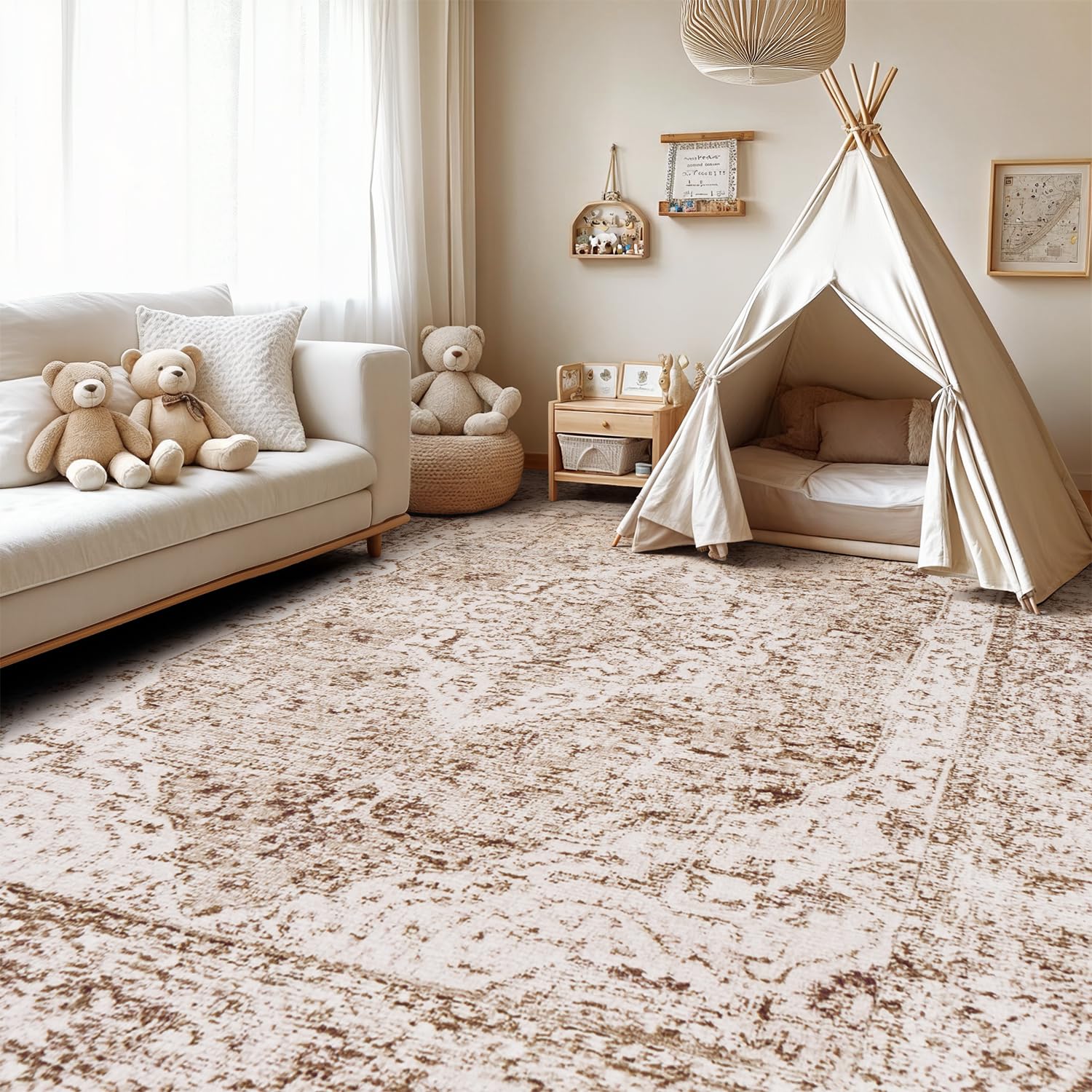 Lofus 5x7 Area Rugs for Living Room, Washable Area Rug, Rugs for Bedroom, Kitchen, Vintage Boho Carpet, Soft Non-Slip, Low Pile Large Area Rug for Office Dining Room, Vintage Beige Brown