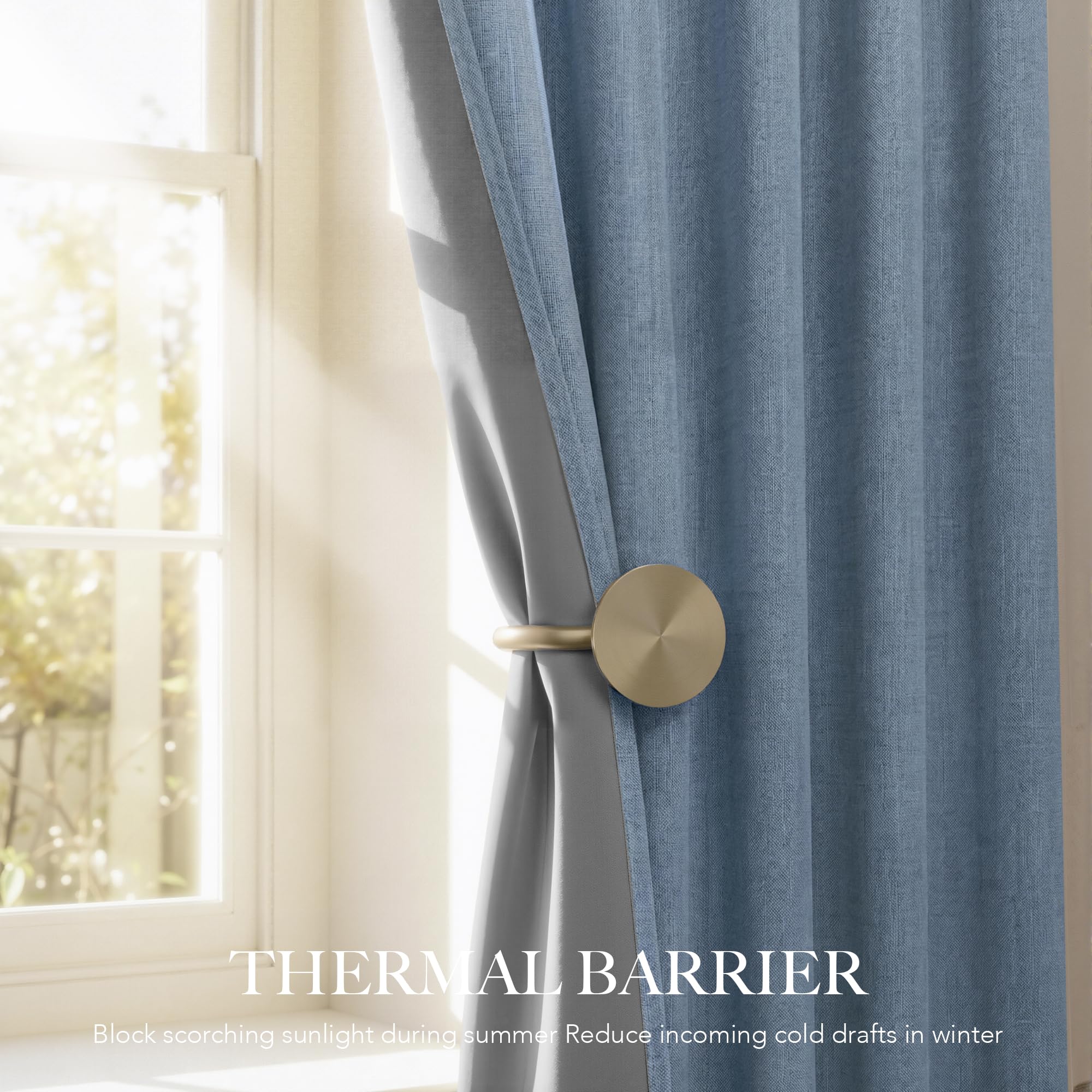 RYB HOME Smoky Blue 100% Blackout Linen Curtains 102 Inch Long for Loft