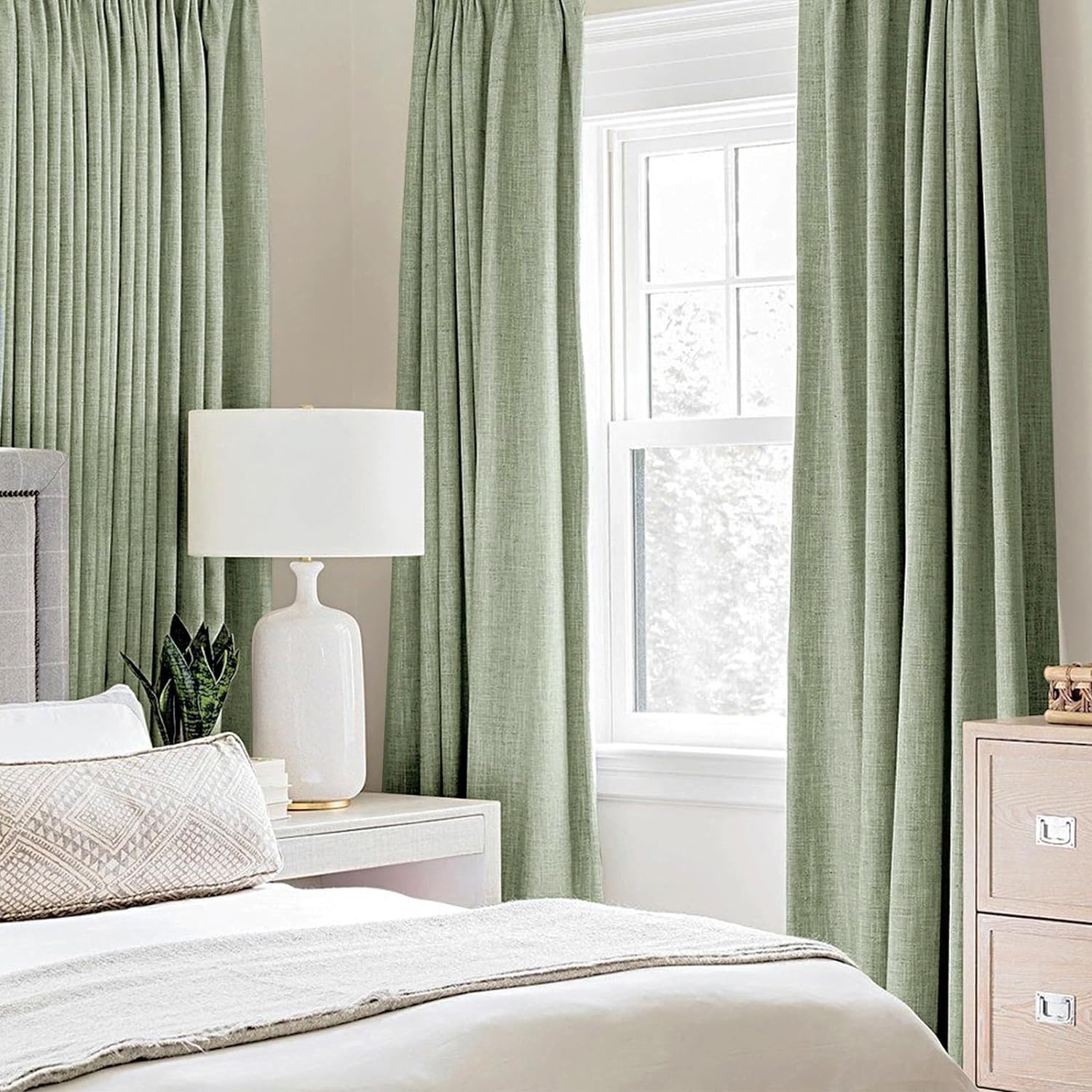 MIULEE 100% Blackout Linen Curtains for Bedroom 52x96 Inches Sage Green