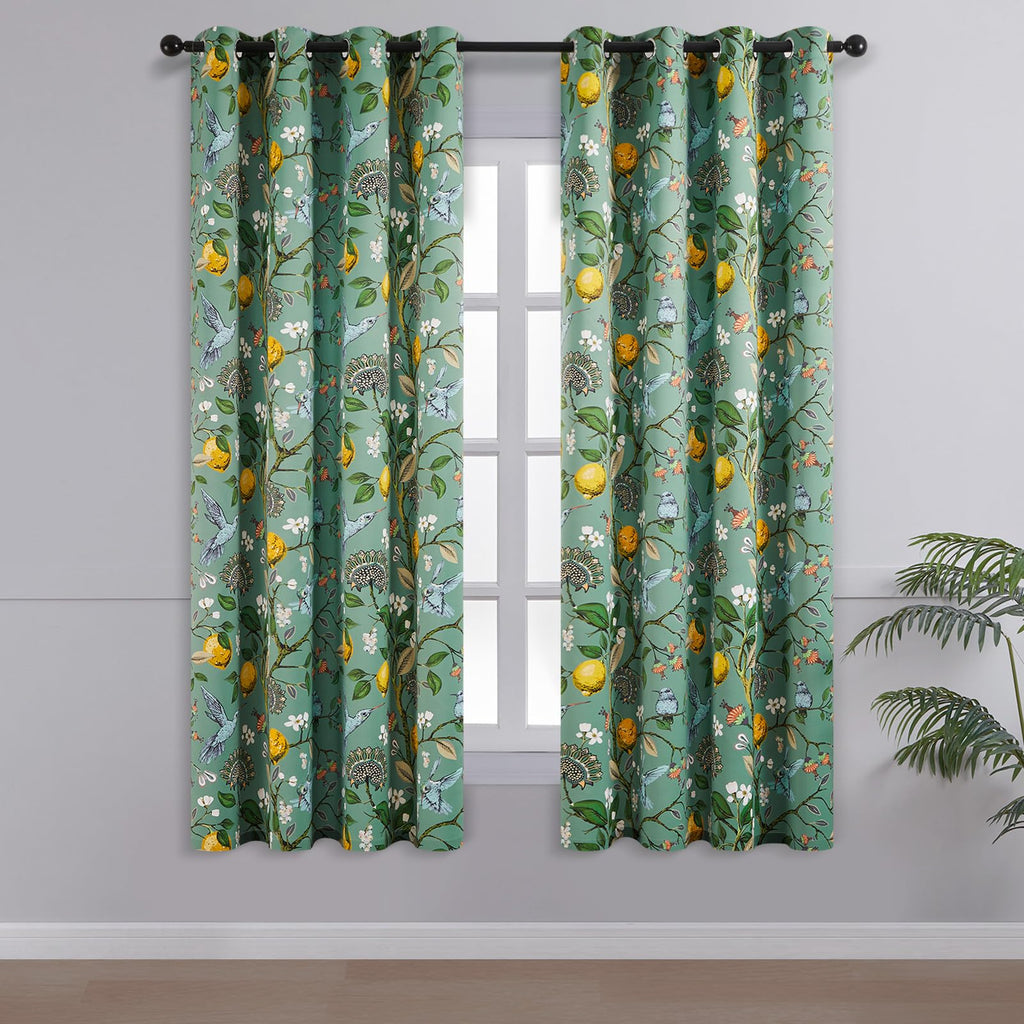 Topfinel Kitchen Curtains 45 Inch Length Floral Spring Curtains for Cafe, Vintage French Country Grommet Botanical Hummingbird Woodland Victorian Patterned Sage Green Blackout Curtains 45 Inches Long