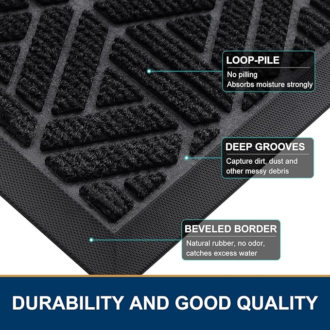 Smiry Front Door Mat Outside Entrance, Heavy Duty Sturdy Natural Rubber Doormat, Trap Dirt and Moisture, Easy Clean Low Profile Mats for Indoor Outdoor Entry, Grid Geometric (29.5x17, Black)