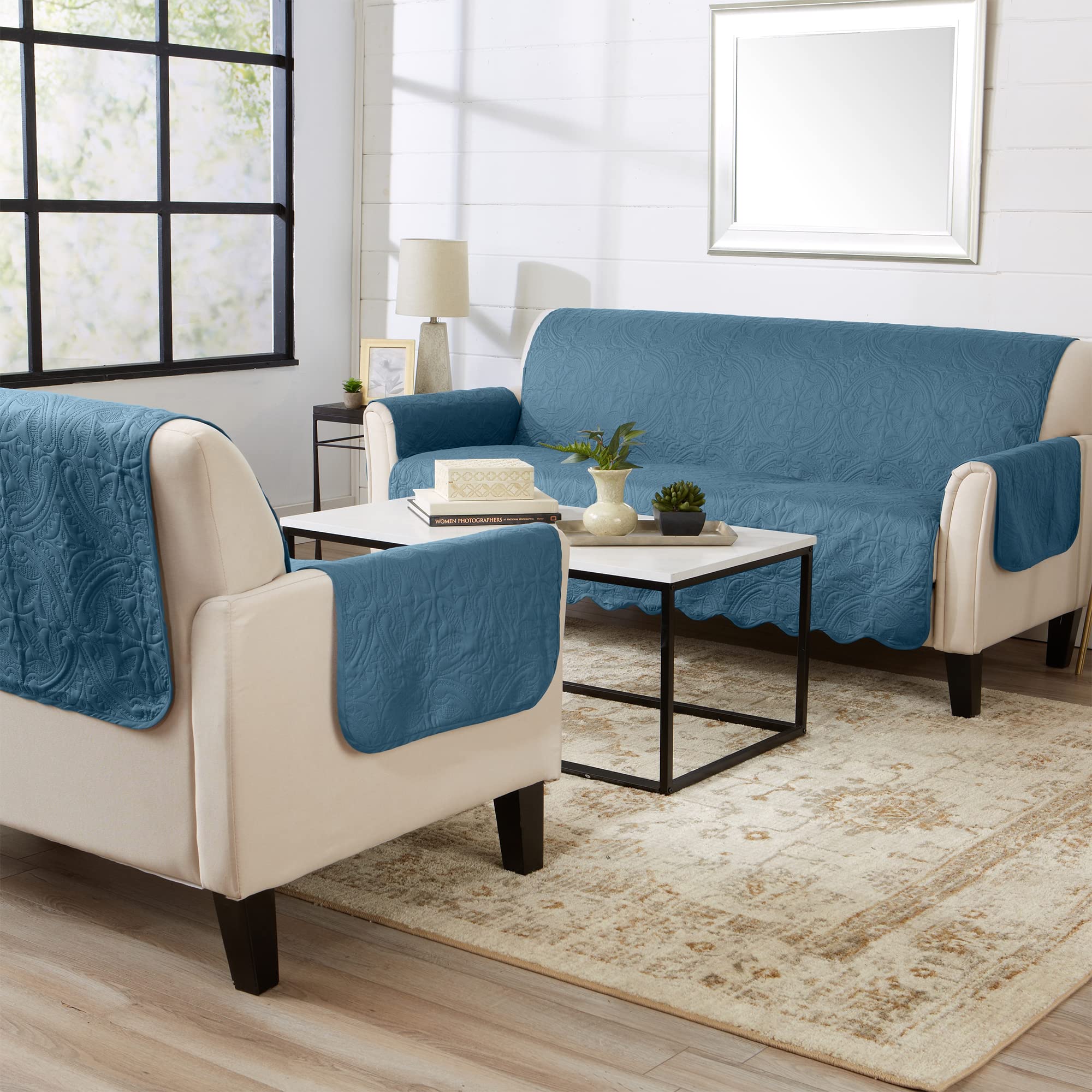 Great Bay Home Reversible Sofa Cover - Washable Slipcover Furniture Protector with Elastic Straps - Perfect for Kids & Pets - Quilted & Stitched Detail (Smoke Blue/Ivory)