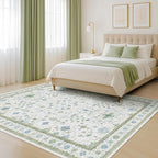 Hazo Haus Cream Oushak 6x9 Bedroom Rug - Boho Floral Cool Blue and Green, Washable Low Pile Non-Slip Ultra-Thin Large Area Rugs for Bed Room, Living Room, Playroom
