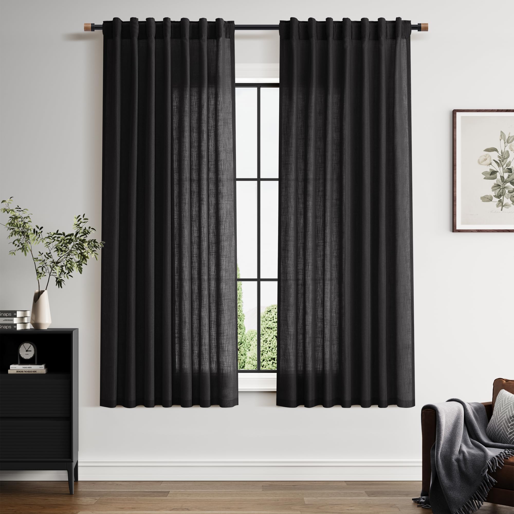 Vintage Black Linen Curtains 63 Inch Length for Living Room Light Filtering Semi Sheer Curtain Back Tab and Rod Pocket Privacy Luxury Gothic Vintage Decor Drapes for Bedroom Office 52x63, 2 Panels