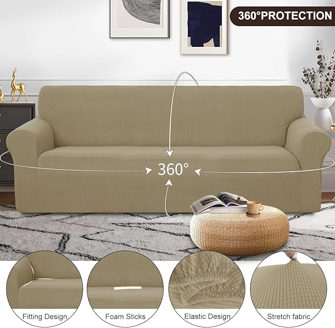U-NICE HOME 4 Seater Stretch Couch Cover for 3 Cushion Sofa, Sand