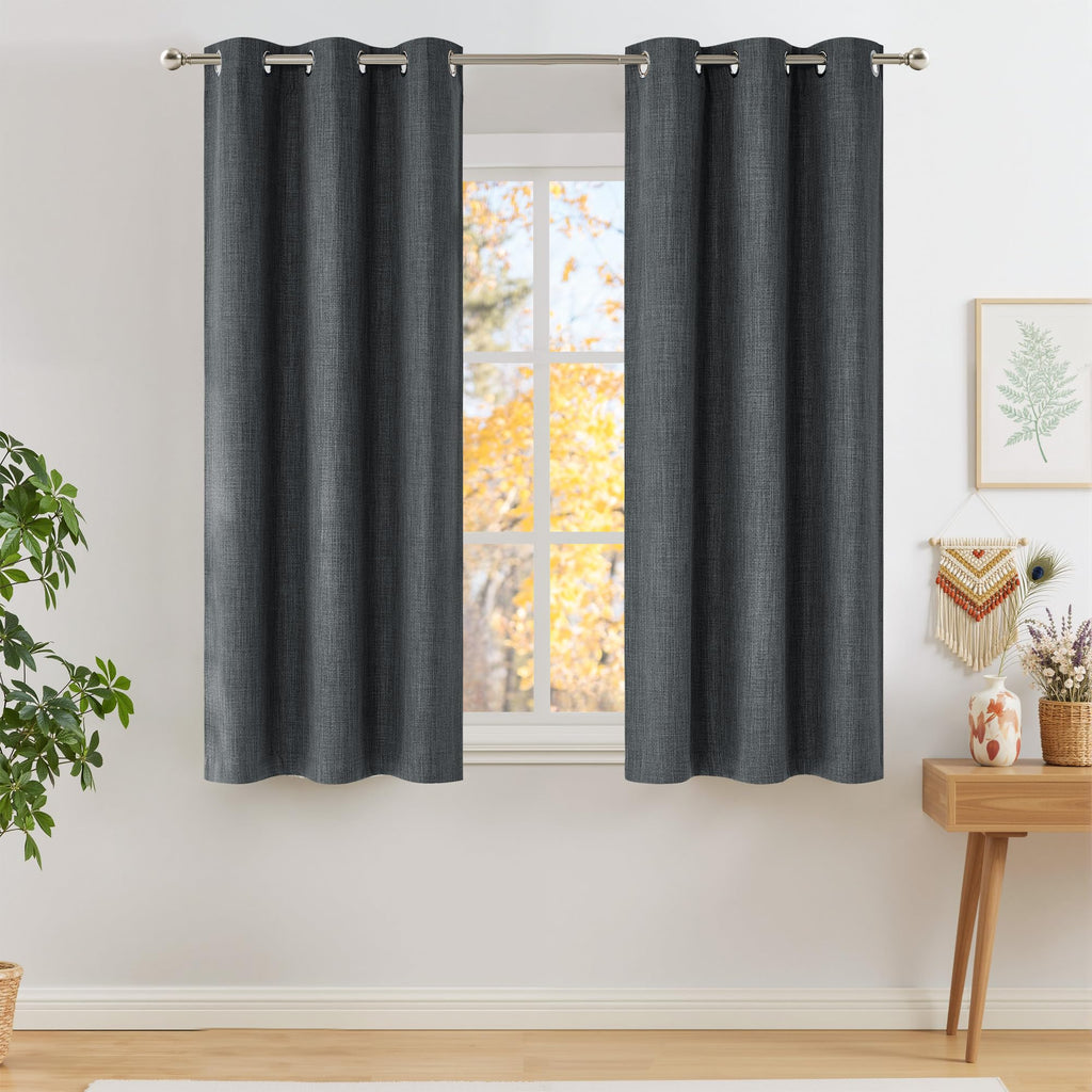 NICETOWN Short Faux Linen Charcoal Gray Blackout Curtains 63 inches Long for Kitchen - Privacy Panels for Living Room Bedroom, Modern Farmhouse Style Easy Care Grommet Top, 2 Panels, W42 by L63