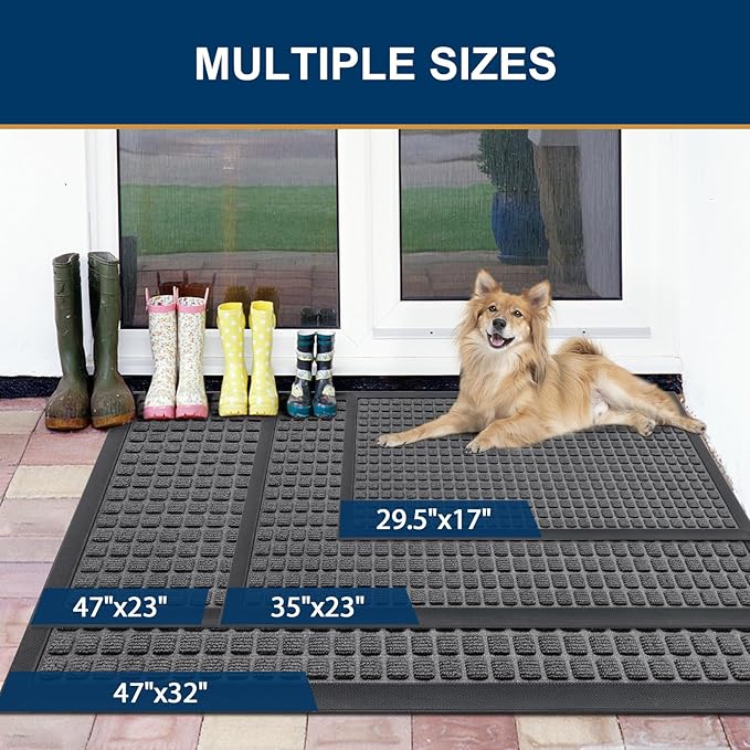 Smiry Front Door Mat Outside Entrance, Heavy Duty Natural Rubber Doormat, Non Slip, Trap Dirt and Moisture, Easy Clean, Low Profile Welcome Floor Mats for Indoor Outdoor Entry, 71x23 Inch, Grey
