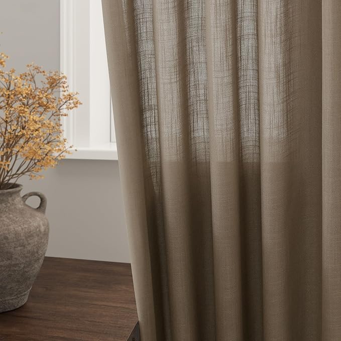 Nanspring Dark Taupe Linen Curtains 80 Inches Length for Living Room Back Tab Rod Pocket Semi Sheer Linen Drapes Muted Neutral Boho Linen Textured Window Curtain for Dining Room Bedroom 52X80 Inches