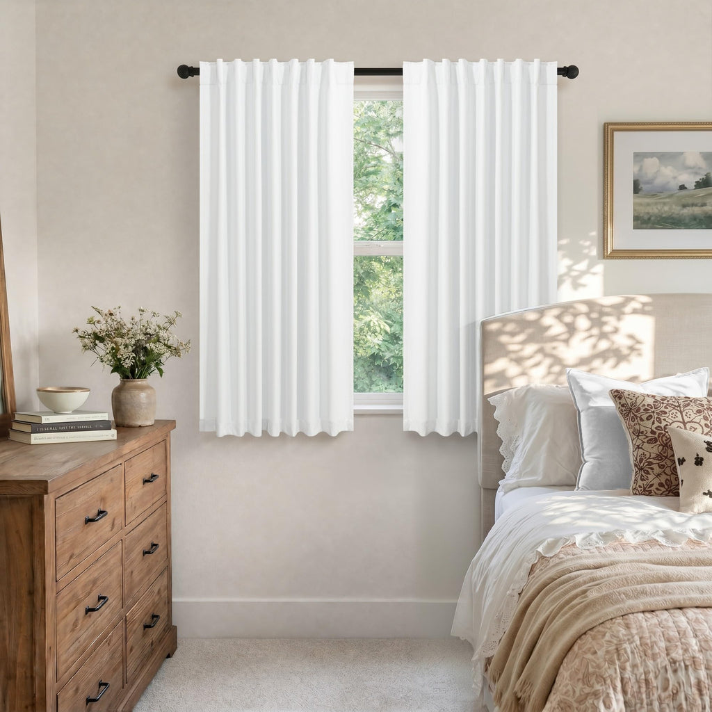 Short Blackout Curtains 54 Inch Length 2 Panels for Bedroom White Linen Textured Black Out Country Farmhouse Curtains for Small Bathroom Windows Kitchen Door Back Tab Pocket Cafe Drapes for Bay Window