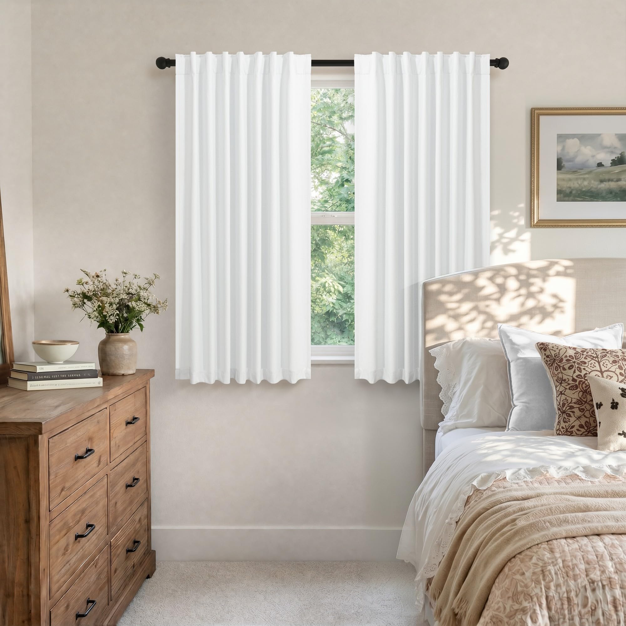 Short Blackout Curtains 54 Inch Length 2 Panels for Bedroom White Linen Textured Black Out Country Farmhouse Curtains for Small Bathroom Windows Kitchen Door Back Tab Pocket Cafe Drapes for Bay Window