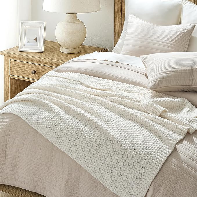 EVERGRACEHOME Chunky Chenille Knit Throw Blanket for Couch, Soft Luxurious Moss Stitch Blankets for Bed, Cozy Decorative Farmhouse Knitted Throws for Sofa, Bright White, 50" x 60"