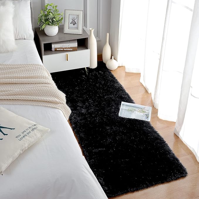 Chicrug Soft Runner Rugs for Bedroom Living Room Plush Fluffy Rug 3x8 Feet, Shag Furry Area Rug Carpet Non Shedding for Nursery Children Kids Girls Room Home Decorative, Black