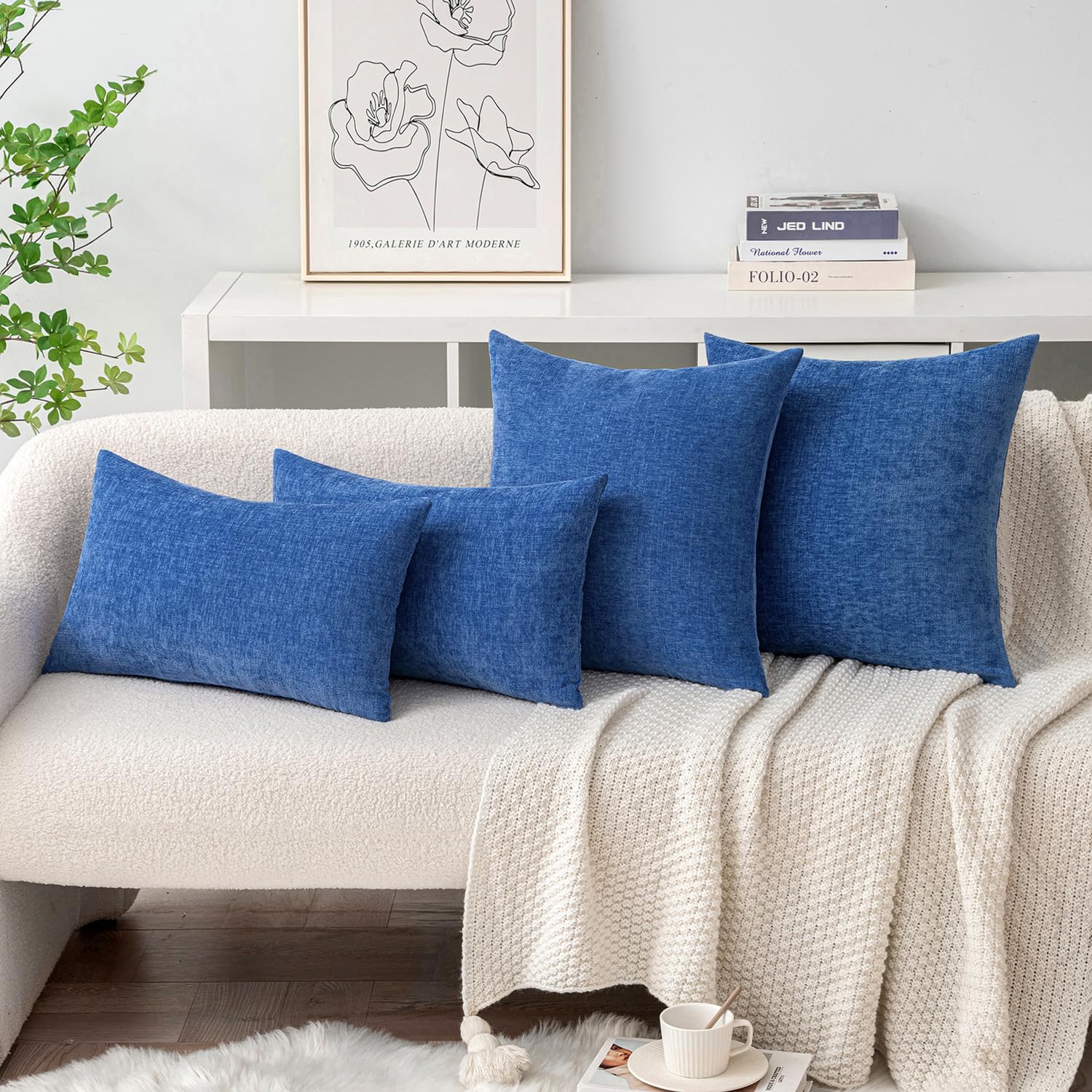 MIULEE Soft Chenille Lumbar Throw Pillow Covers Royal Blue 12x20 Pack of 2