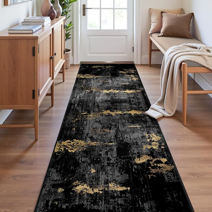 RELEANY Washable Runner 2'x6' Abstract Area Rug for Hallway Black Gold