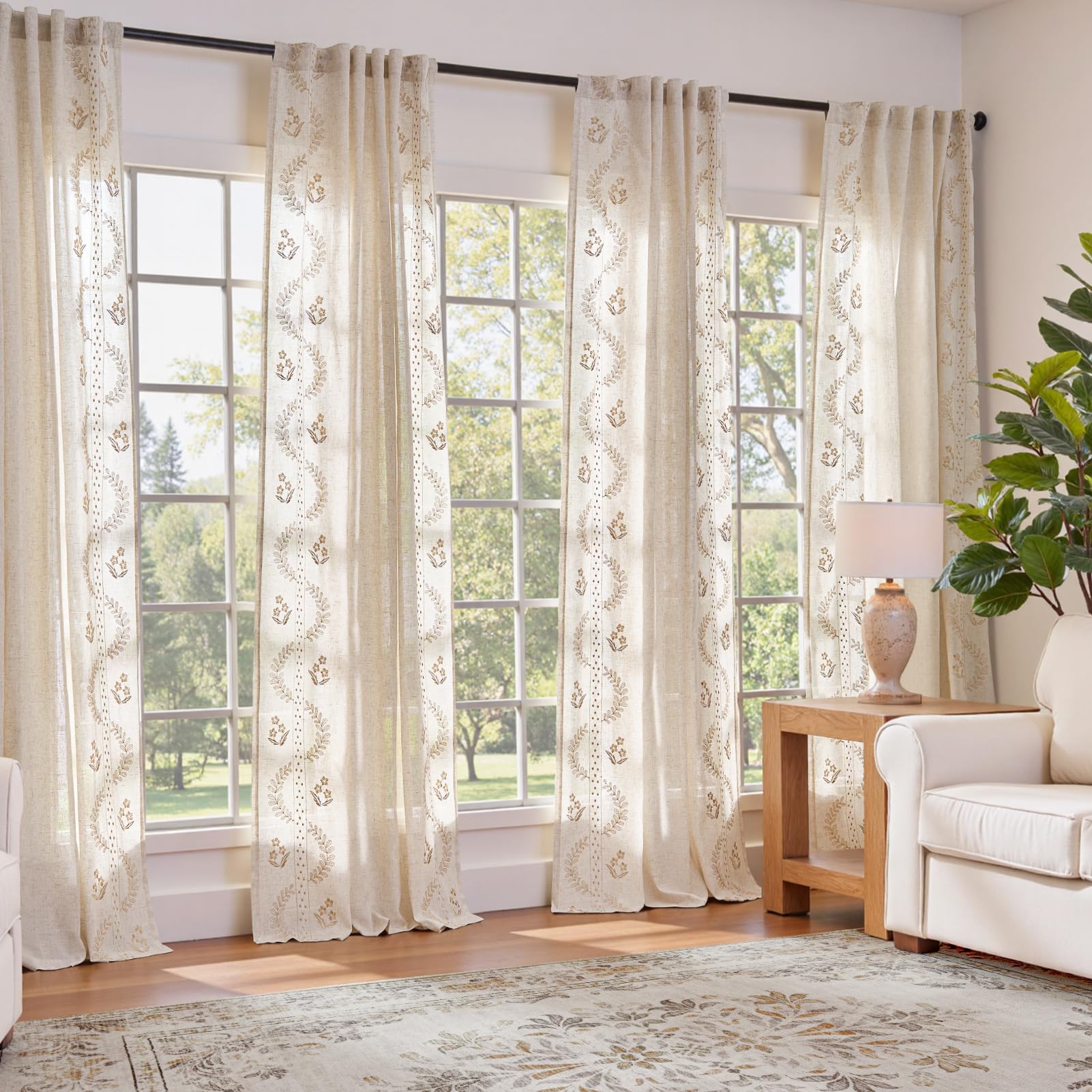 jinchan Floral Linen Curtains 84 Inch Farmhouse Back Tab 2 Panels