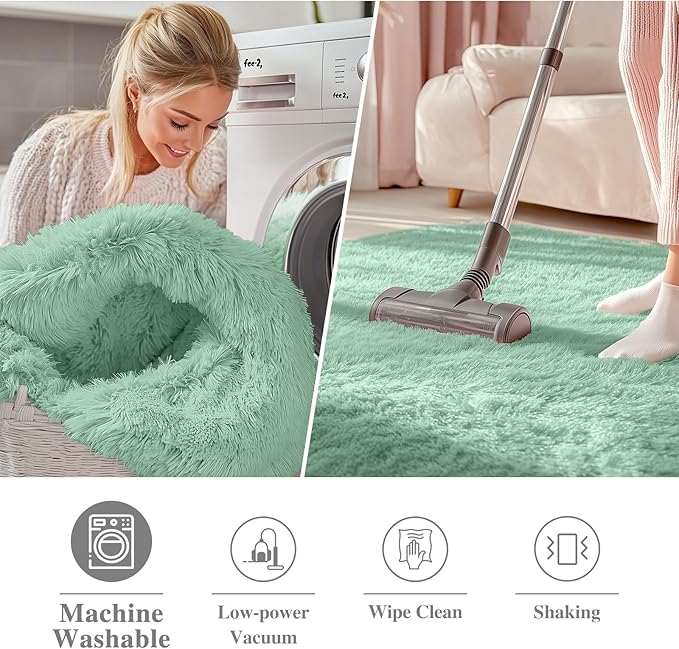 OLANLY Mint Green Round Rugs for Bedroom - Machine Washable, 2 ft Circle Area Rugs for Living Room, Soft and Fluffy Shaggy Carpet for Teen Girls and Boys, Nursery Rooms, Dorms, Home Decor Aesthetic