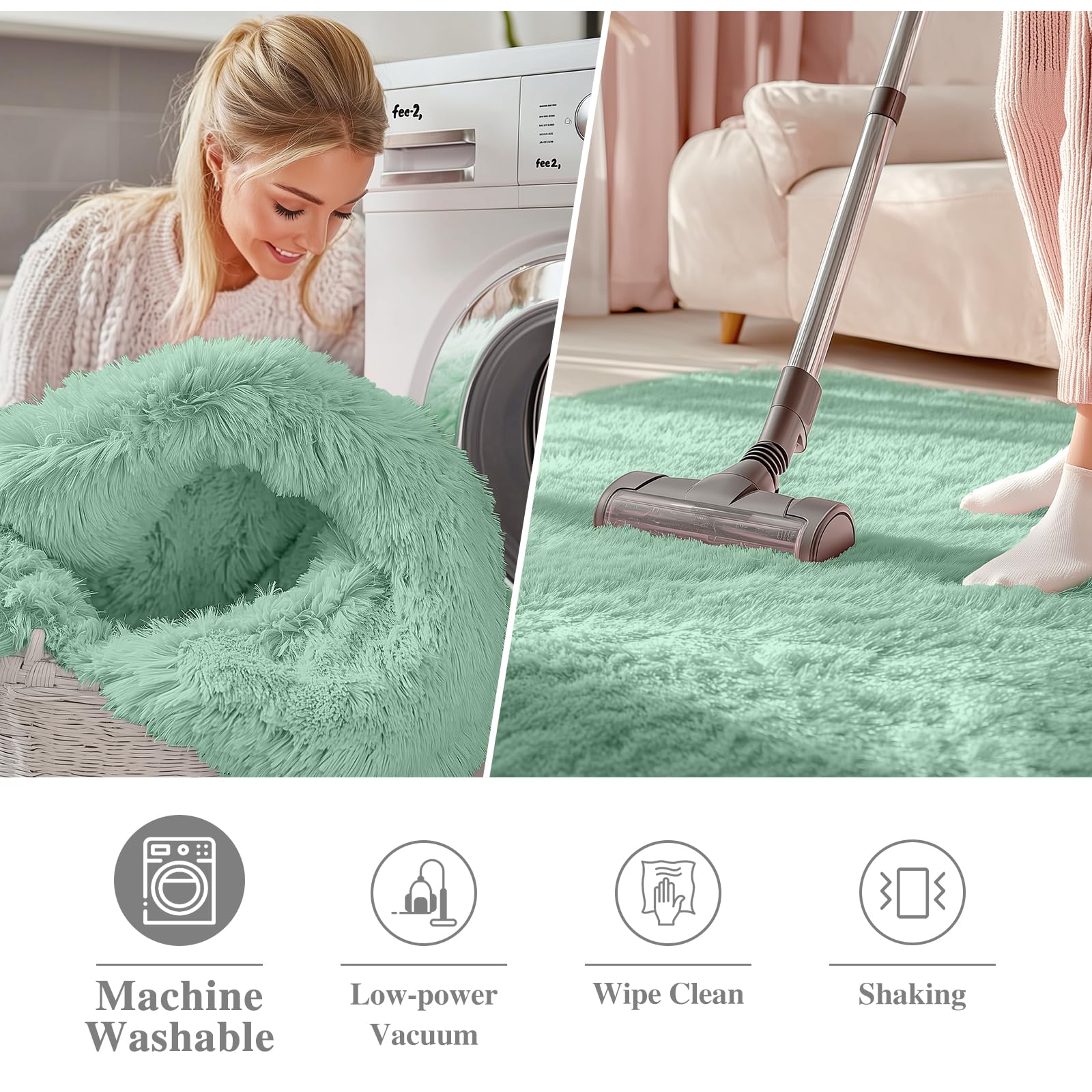 OLANLY Mint Green Round Rugs for Bedroom - Machine Washable, 4 ft Circle Area Rugs for Living Room, Soft and Fluffy Shaggy Carpet for Teen Girls and Boys, Nursery Rooms, Dorms, Home Decor Aesthetic