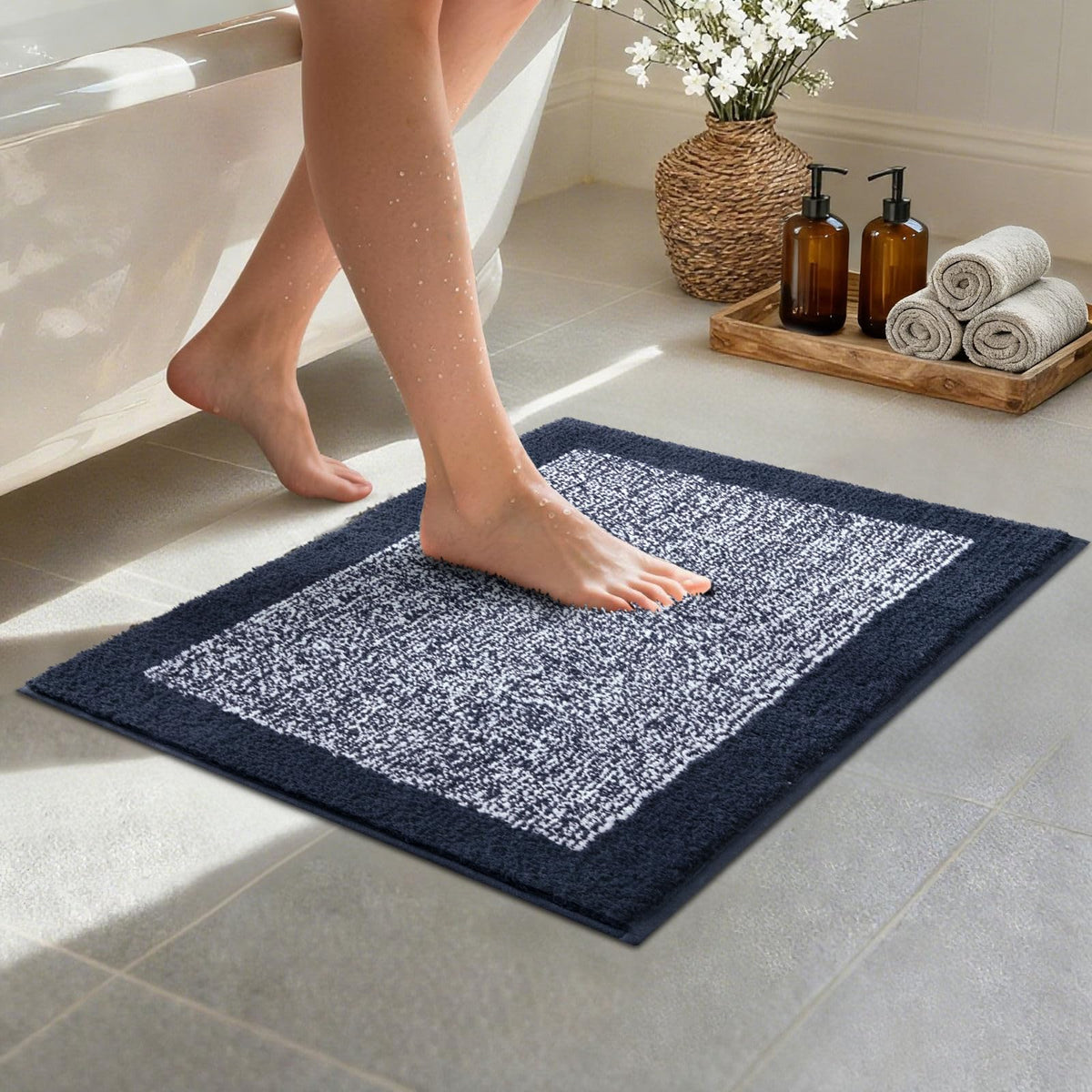 48x24 Long Bathroom Rugs Non Slip Washable, Soft Absorbent Bath Mat Black