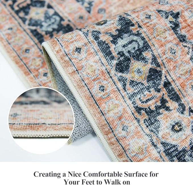 Hallway Washable Runner Rug - 2x7 Kitchen Rugs Entryway Rug Runner Vintage Soft Floor Mat Non Slip Indoor Farmhouse Carpet for Bathroom Living Room Bedroom (2 X 7, Orange)