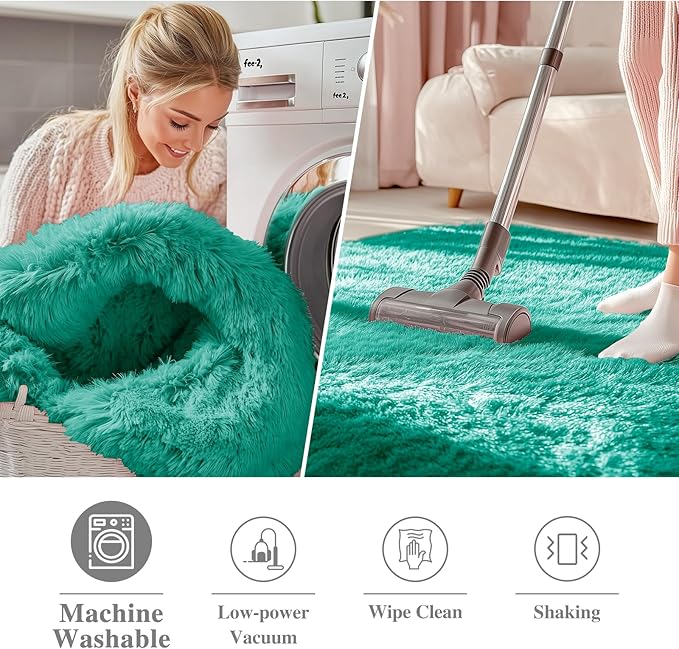 OLANLY Teal Green Round Rugs for Bedroom - Machine Washable, 3 ft Circle Area Rugs for Living Room, Soft and Fluffy Shaggy Carpet for Teen Girl and Boys, Nursery Rooms, Dorms, Home Decor Aesthetic
