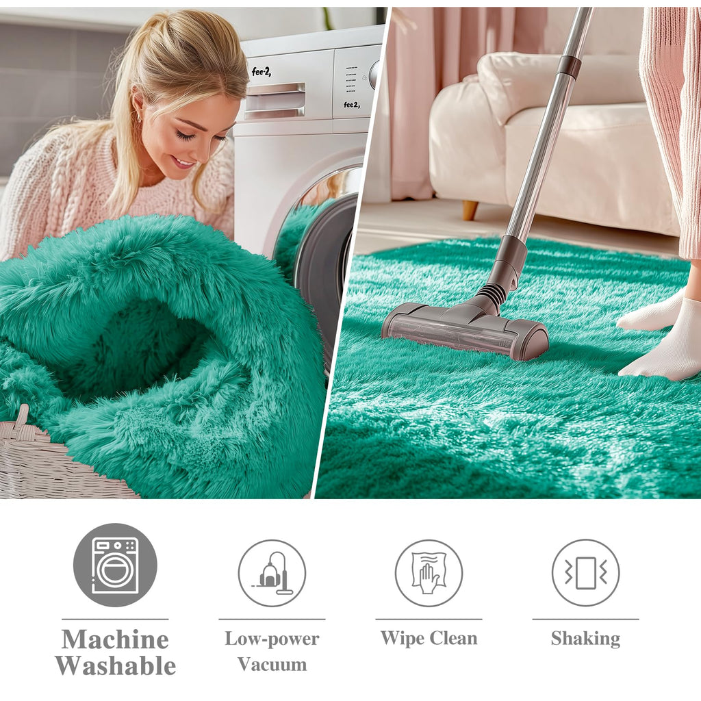 OLANLY Teal Green Round Rugs for Bedroom - Machine Washable, 8 ft Circle Area Rugs for Living Room, Soft and Fluffy Shaggy Carpet for Teen Girl and Boys, Nursery Rooms, Dorms, Home Decor Aesthetic