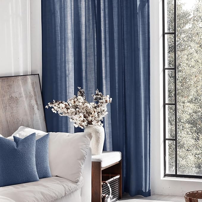 Navy Blue Curtains 102 inch Length for Bedroom Back Tab Light Filtering Semi Sheer Blue Living Room Curtains Linen Cotton Textured Indigo Blue Drapery Panel Modern Farmhouse Aesthetic Decor Dark Blue