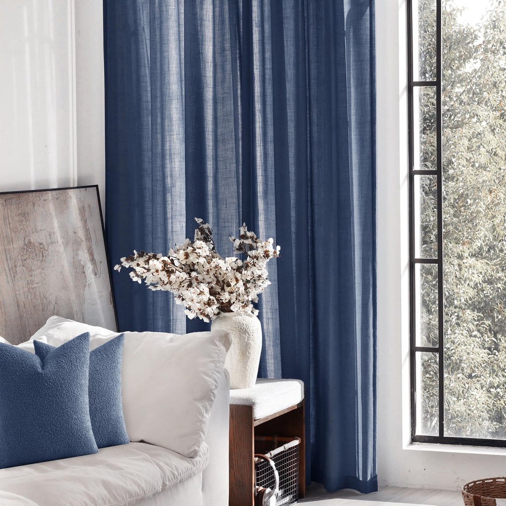 Navy Blue Curtains 92 inch Length for Bedroom Back Tab Light Filtering Semi Sheer Blue Living Room Curtains Linen Cotton Textured Indigo Blue Drapery Panel Modern Farmhouse Aesthetic Decor Dark Blue